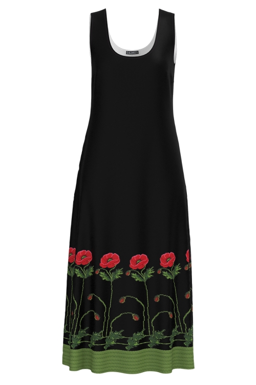 Rochie neagra lunga casual de vara cu buzunare imprimata maci