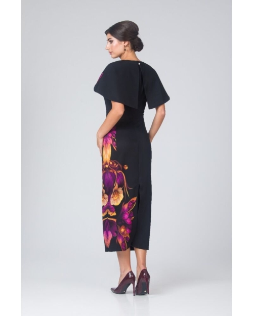 Rochie neagra lunga cu capa detasabila imprimata floral CMD4860 - Img 6