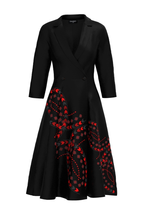 Rochie neagra tip pardesiu petrecuta cu imprimeu Traditional