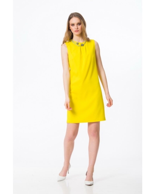 Rochie office galbena cu plii la decolteu M128G - Img 3