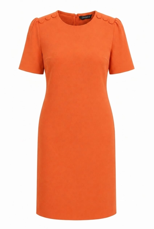 Rochie office oranj cu nasturi decorativi pe umeri