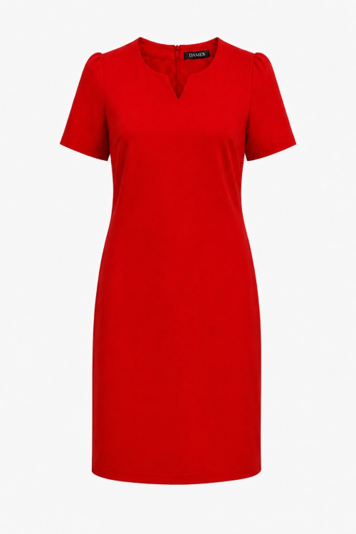 Rochie office rosie cu decolteu rotund si decupaj in V