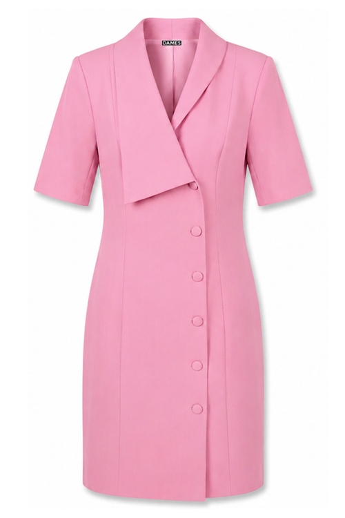 Rochie office roz cambrata cu rever asimetric si nasturi