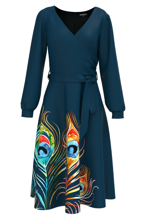 Rochie petrol eleganta cu maneca lunga imprimata paun
