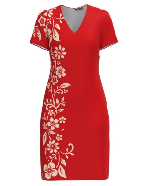 Rochie rosie casual cu decolteu in V imprimata cu model floral