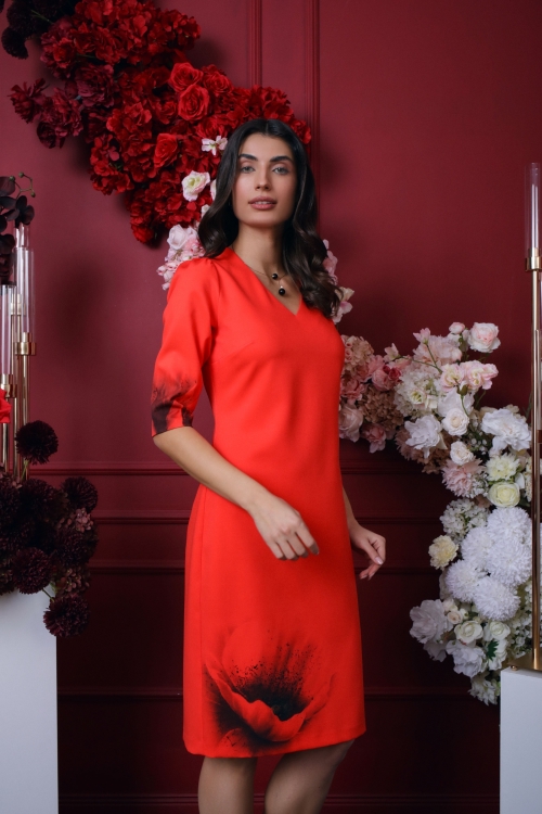 Rochie rosie casual cu decolteu in V imprimata floral Stoc - Img 3