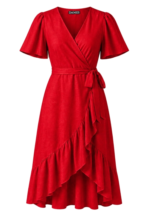 Rochie rosie de in vascoza parte peste parte