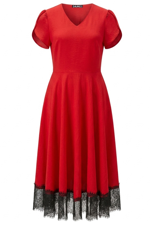 Rochie rosie din vascoza cu buzunare si cu dantela