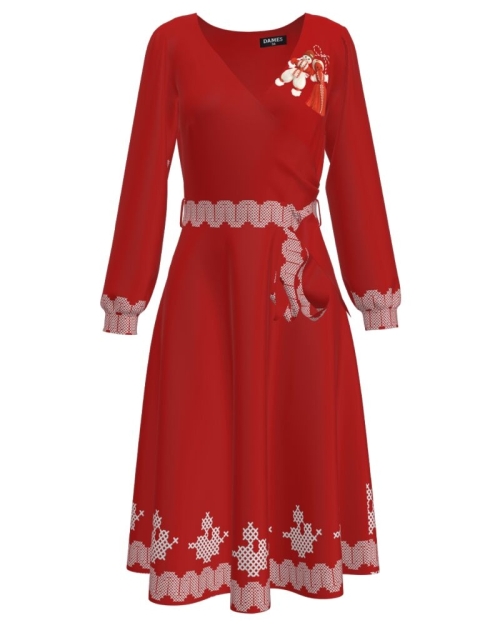 Rochie rosie eleganta cu maneca lunga imprimata Martisor CMD2022 - Img 1