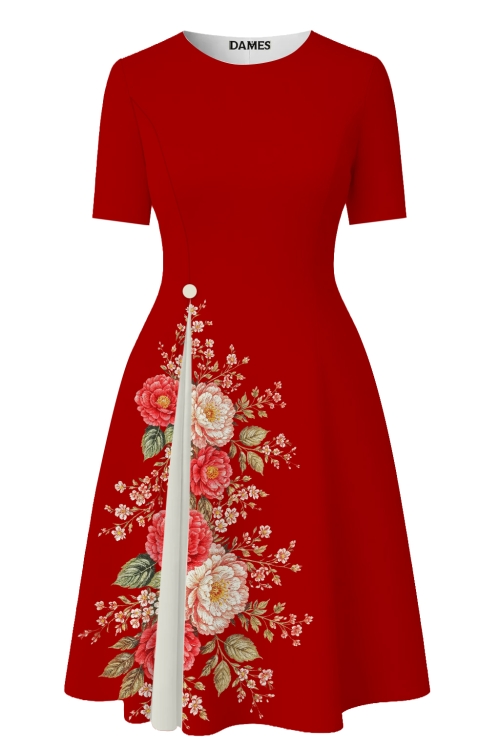 Rochie rosie eleganta cu pliuri imprimata floral