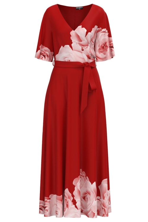 Rochie rosie lunga eleganta de seara imprimata cu model Floral CMD2298 - Img 2