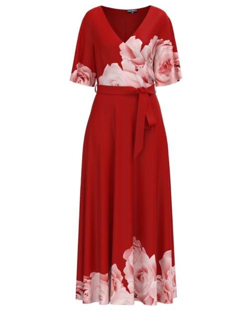 Rochie rosie lunga eleganta de seara imprimata cu model Floral CMD2298 - Img 1