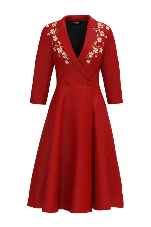 Rochie rosu corai tip pardesiu petrecuta cu imprimeu floral