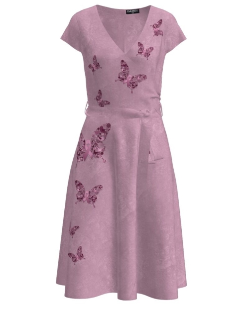 Rochie roz casual de vara cu maneca scurta imprimata cu model Fluturi CMD2725 - Img 1