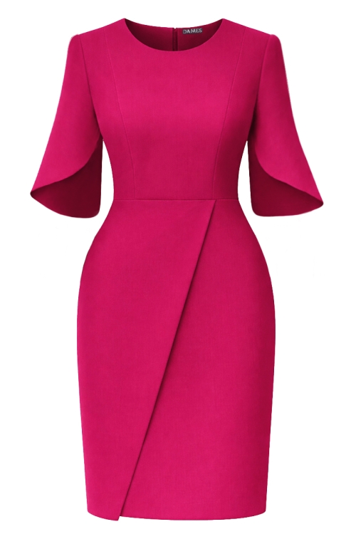 Rochie roz trandafiriu eleganta cu maneci asimetrice si fusta tip lalea