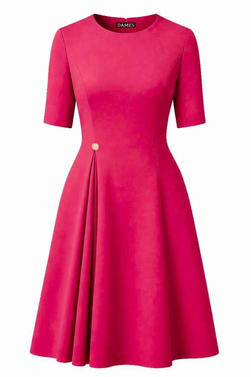 Rochie roz trandafiriu eleganta cu pliuri si nasture bijuterie