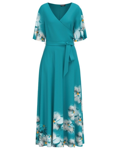 Rochie turcoaz lunga eleganta de seara imprimata cu model floral CMD3138