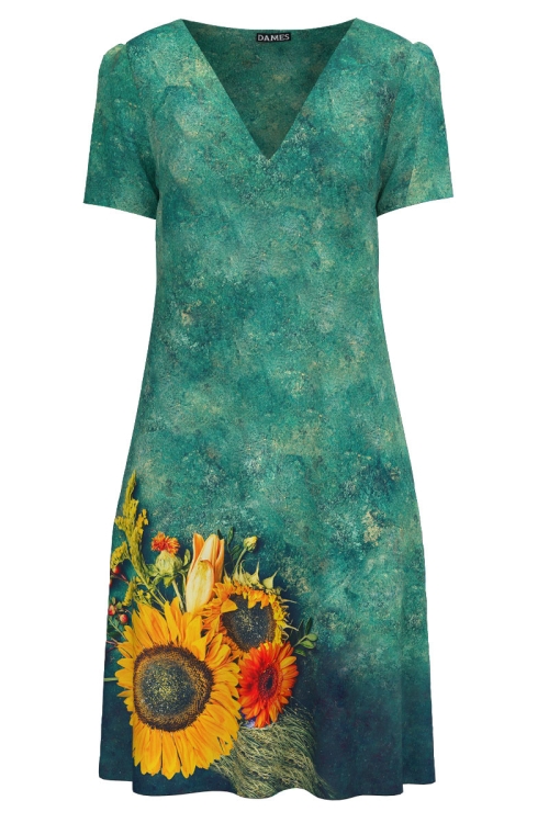 Rochie verde casual de vara imprimata floarea soarelui
