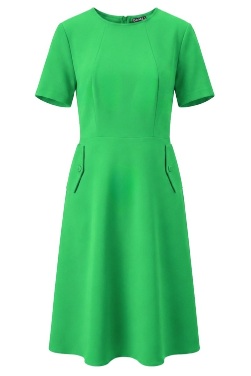 Rochie verde cu buzunare cu clapa si decolteu rotund