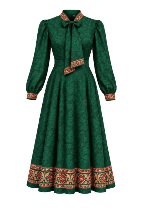 Rochie verde cu guler esarfa si imprimeu floral ornamental