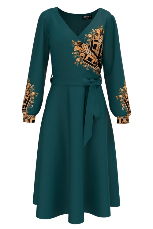Rochie verde marin eleganta cu maneca lunga imprimata floral