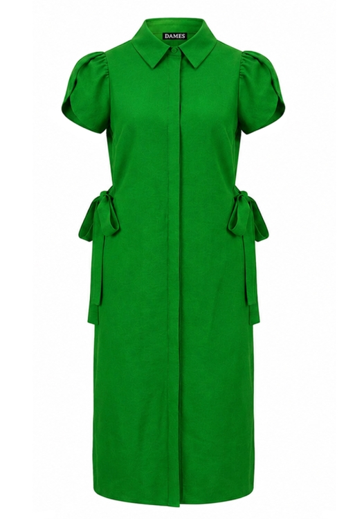 Rochie verde tip camasa din vascoza cu cordoane laterale