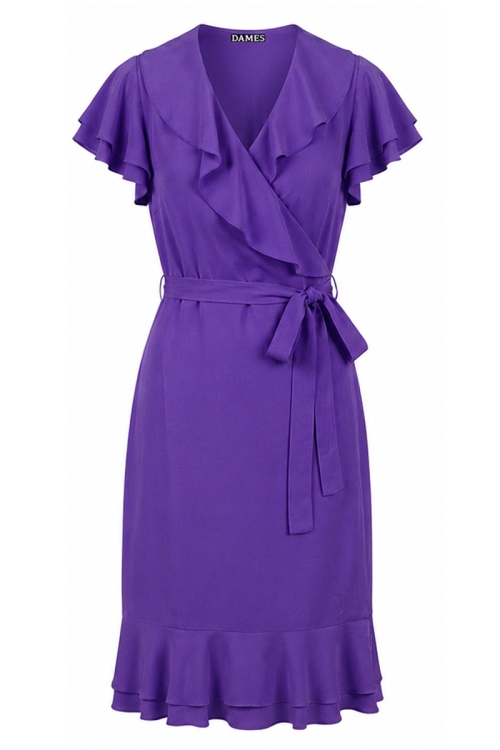 Rochie violet din vascoza parte peste parte cu volane si cordon in talie