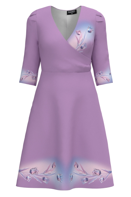 Rochie violet eleganta cu bust petrecut imprimata lalele de cristal SS25