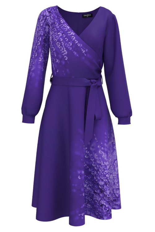 Rochie violet eleganta cu maneca lunga imprimata Picaturi de roua