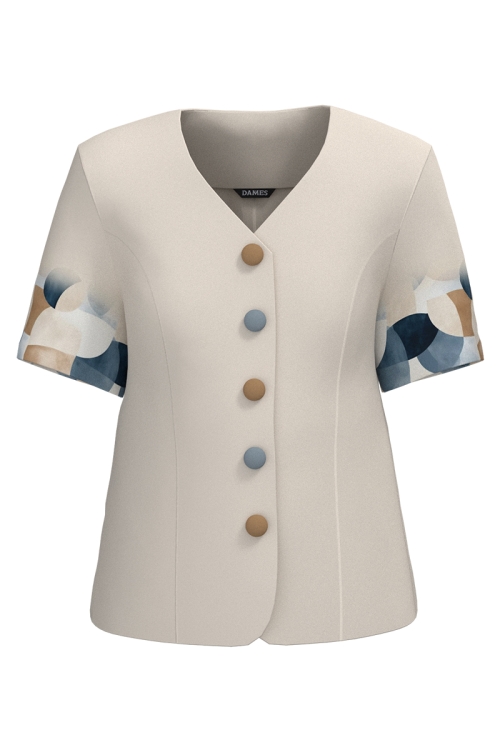 Sacou bej cambrat cu maneca scurta si model geometric