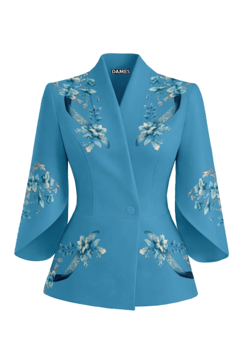 Sacou bleu elegant cu maneci trei sferturi asimetrice imprimat floral - Img 2