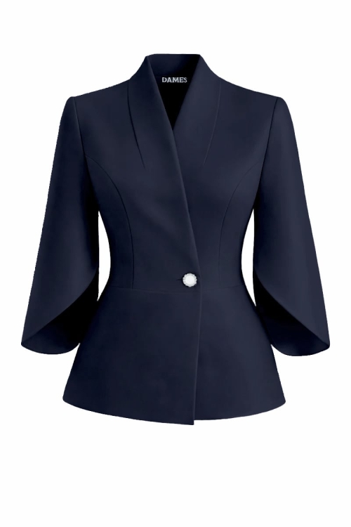 Sacou bleumarin elegant cu maneci trei sferturi asimetrice Stoc