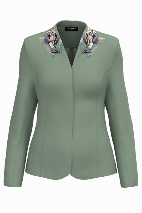 Sacou elegant din velur cu guler inalt verde menta imprimat floral