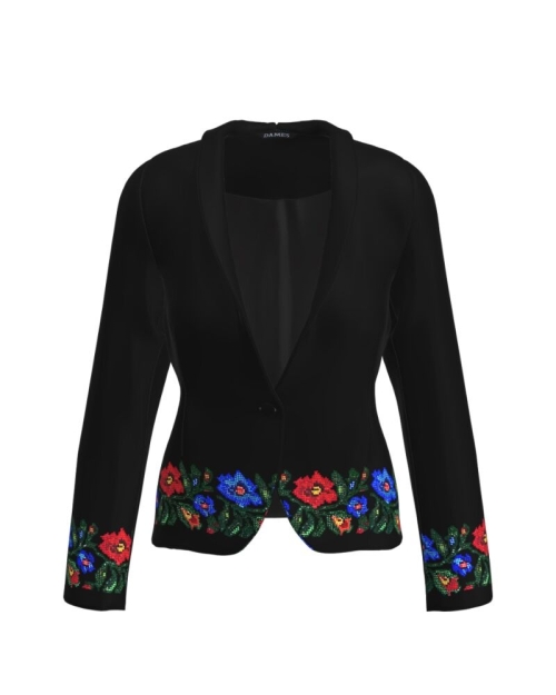 Sacou negru cambrat imprimat cu model floral traditional CMD3663