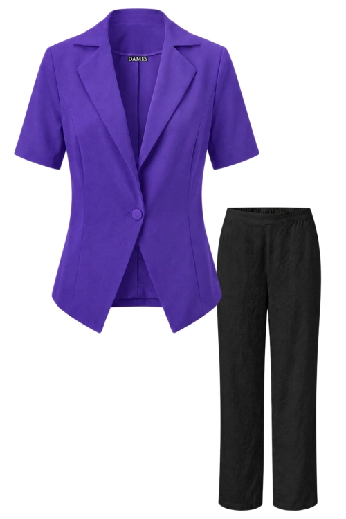 Set cu sacou lila cu revere si maneca scurta cu pantalon drept din vascoza