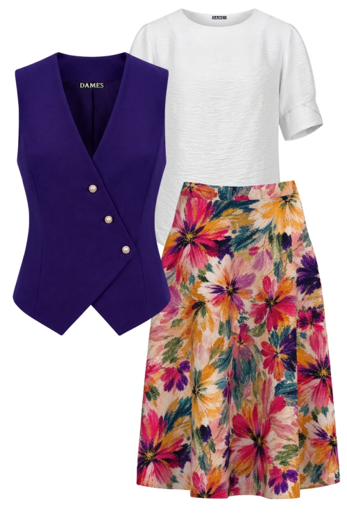 Set cu vesta violet, bluza din vascoza si fusta clos imprimata floral multicolor