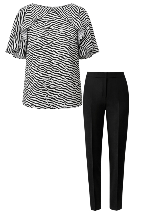 Set dama bluza alb negru din vascoza si pantalin conic neagru