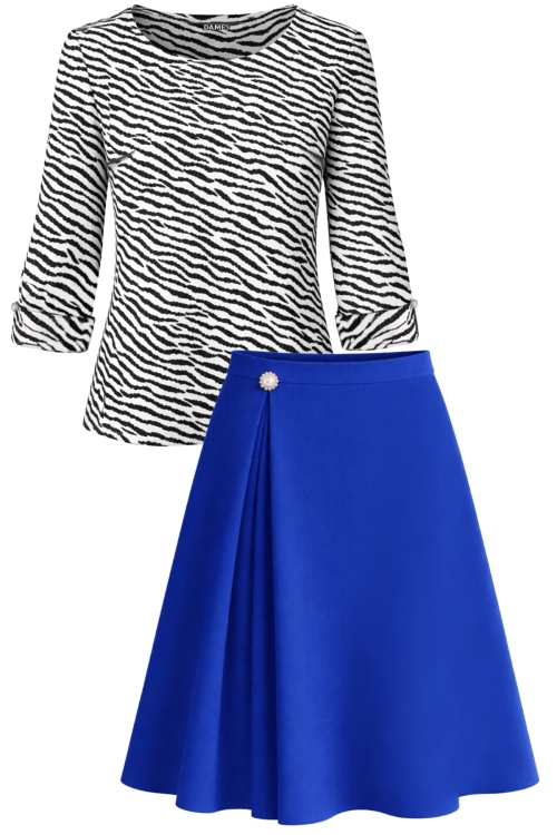 Set dama bluza alb negru din voal si fusta albastra in clos cu pliuri