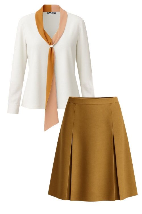 Set dama bluza alba cu guler esarfa bej si fusta din suedete cu pliuri