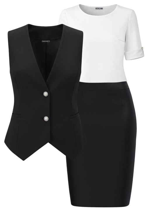 Set dama cu bluza alba, vesta si fusta conica neagra