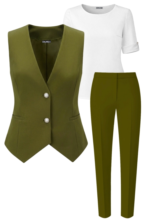 Set dama cu bluza alba, vesta si pantalon conic verde oliva