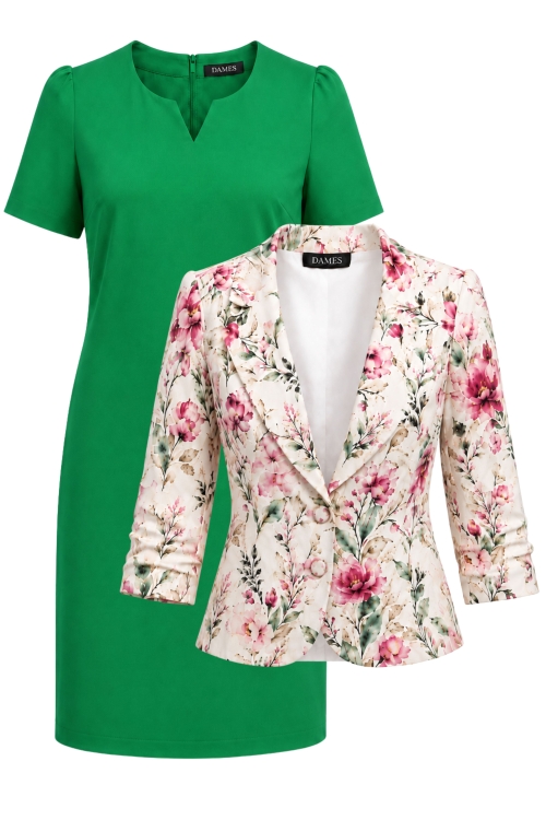 Set dama sacou cu maneca incretita si rochie verde cu decupaj in V