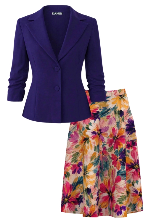Set dama sacou violet cu maneca incretita si fusta de vara cu imprimeu floral