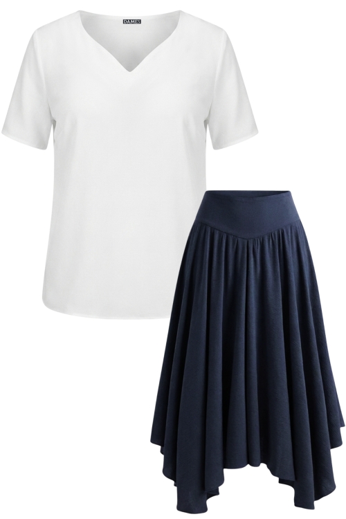 Set din vascoza fusta asimetrica bleumarin si bluza alba cu decolteu inima