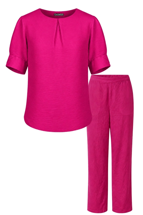 Set din vascoza pantalon drept si bluza cu pliu fucsia