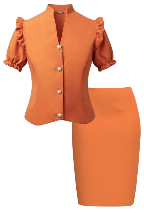 Set elegant sacou cu detalii decorative si fusta conica oranj Doll