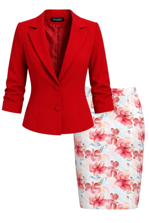 Set elegant sacou rosu cu maneca incretita si fusta conica Flori acuarela