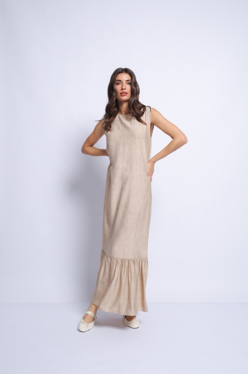 Set rochie lunga bej fara maneci si jacheta din rayon - Img 5