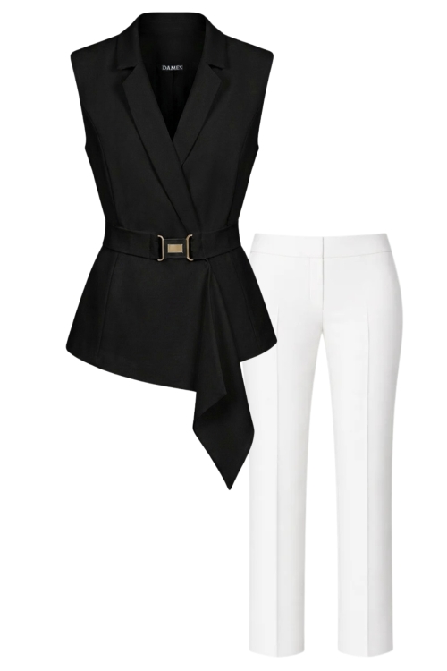 Set vesta neagra de dama cu detaliu si trim detasabil si pantalon drept alb
