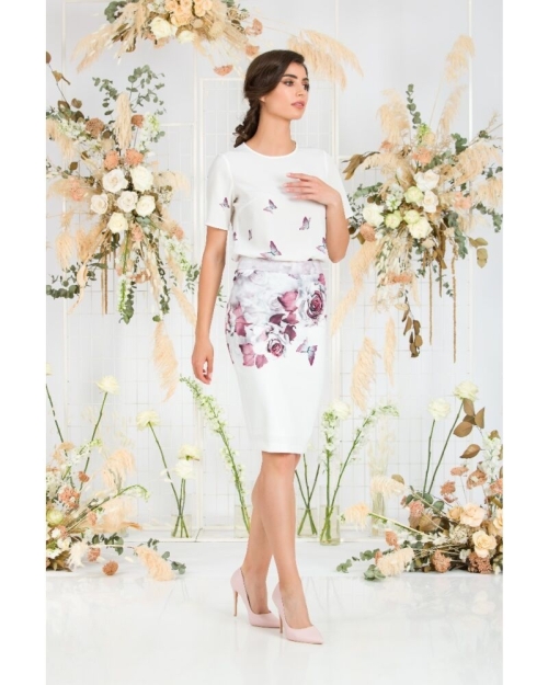 Bluza alba cu maneca scurta de vara imprimata flori si fluturi CMD748 - Img 4